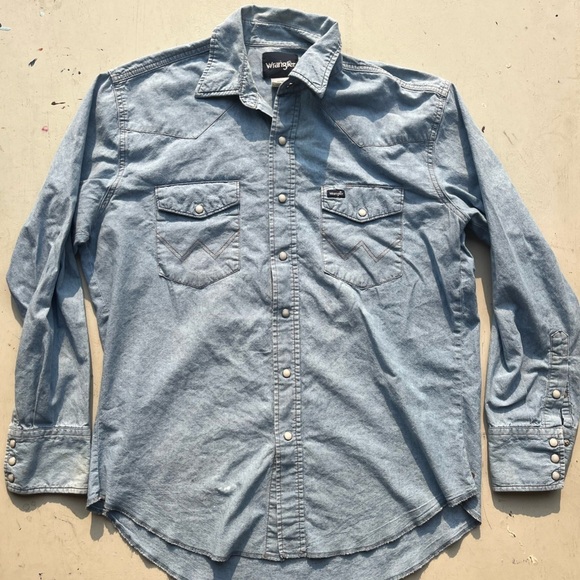 Men's Vintage Wrangler Shirt Blue Western L Ranch Work Southwest Cowboy Chore - Picture 1 of 16